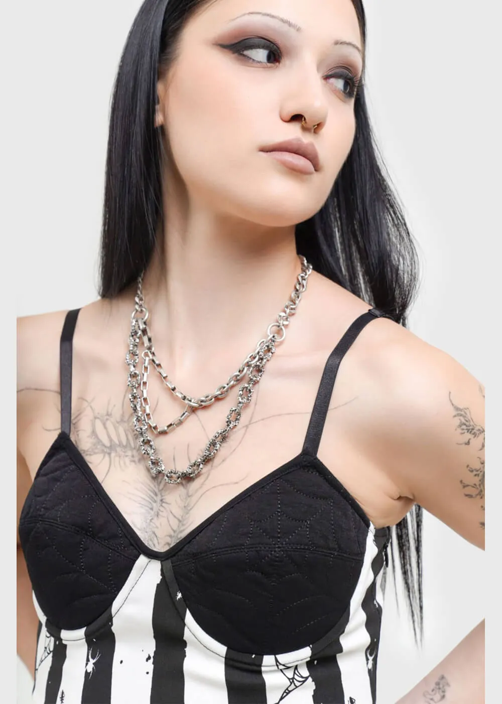 Killstar x Beetlejuice Distressed Stripe Bodycon Dress Black White
