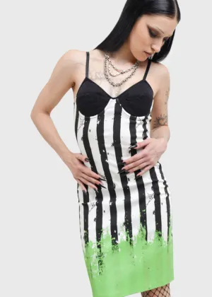 Killstar x Beetlejuice Distressed Stripe Bodycon Dress Black White