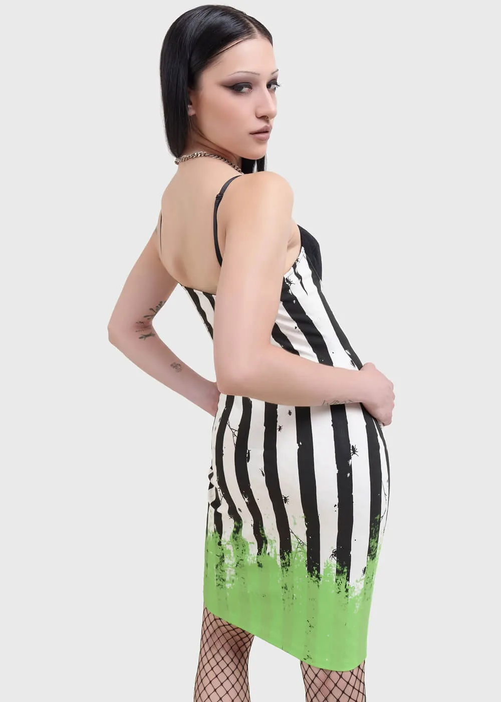 Killstar x Beetlejuice Distressed Stripe Bodycon Dress Black White