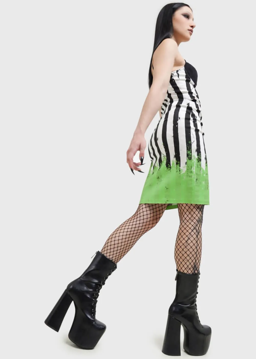 Killstar x Beetlejuice Distressed Stripe Bodycon Dress Black White