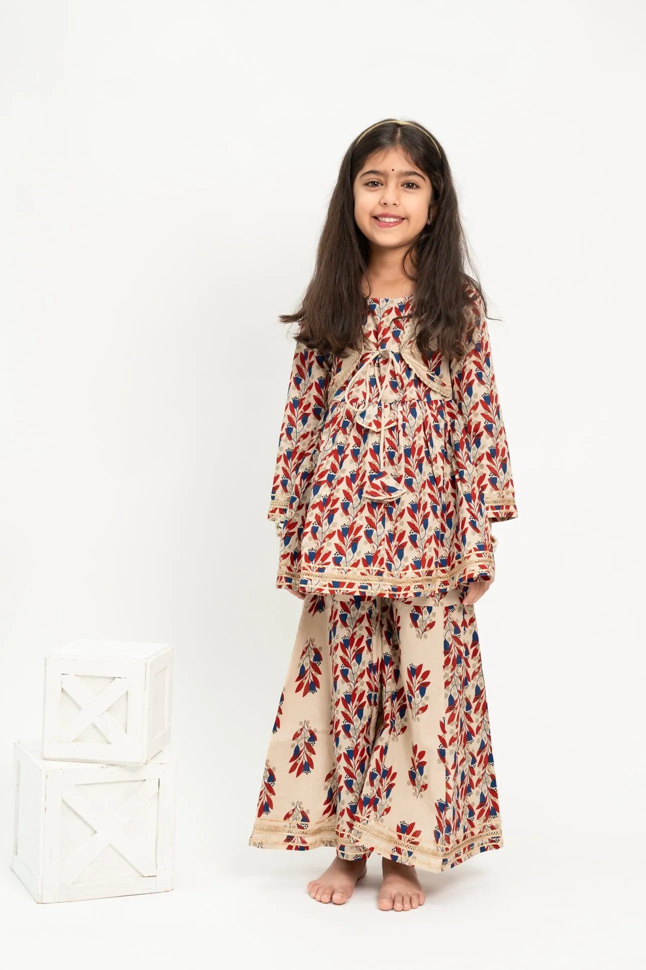 Klingaru Girls Sharara Set - Beige with Gota Lace Work