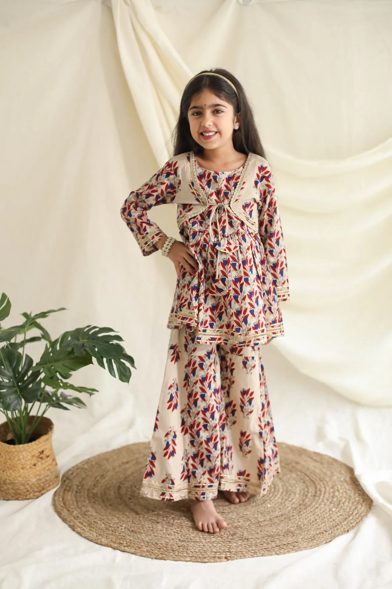 Klingaru Girls Sharara Set - Beige with Gota Lace Work