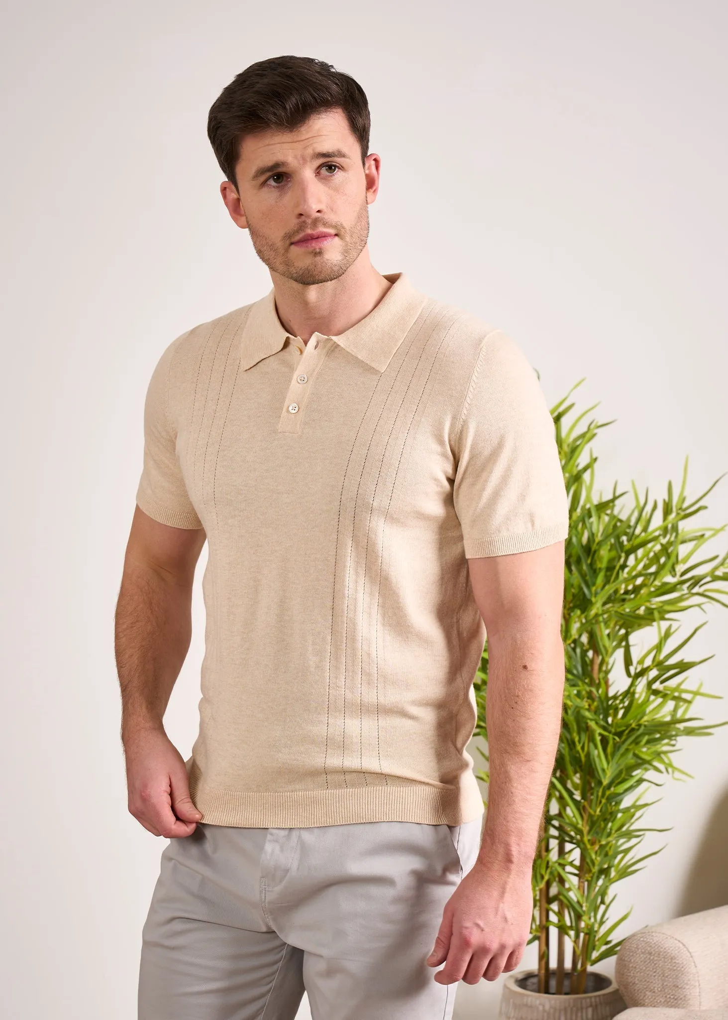 Knighton Luxury Cotton Polo With Pointelle Detail In Sand