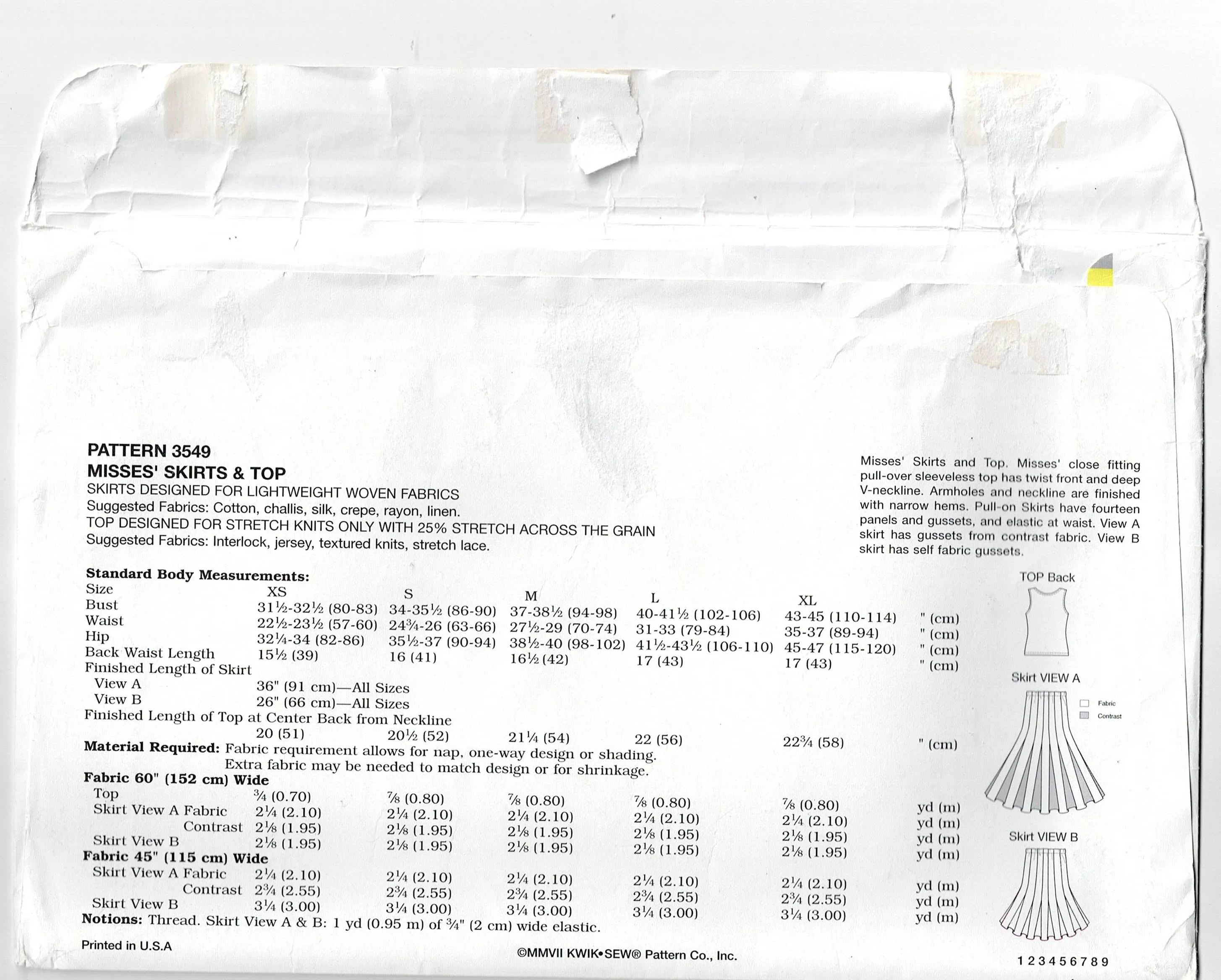Kwik Sew 3549 Womens Stretch Twist Top & Gusseted Skirt Out Of Print Sewing Pattern Size XS - XL UNCUT Factory Folded