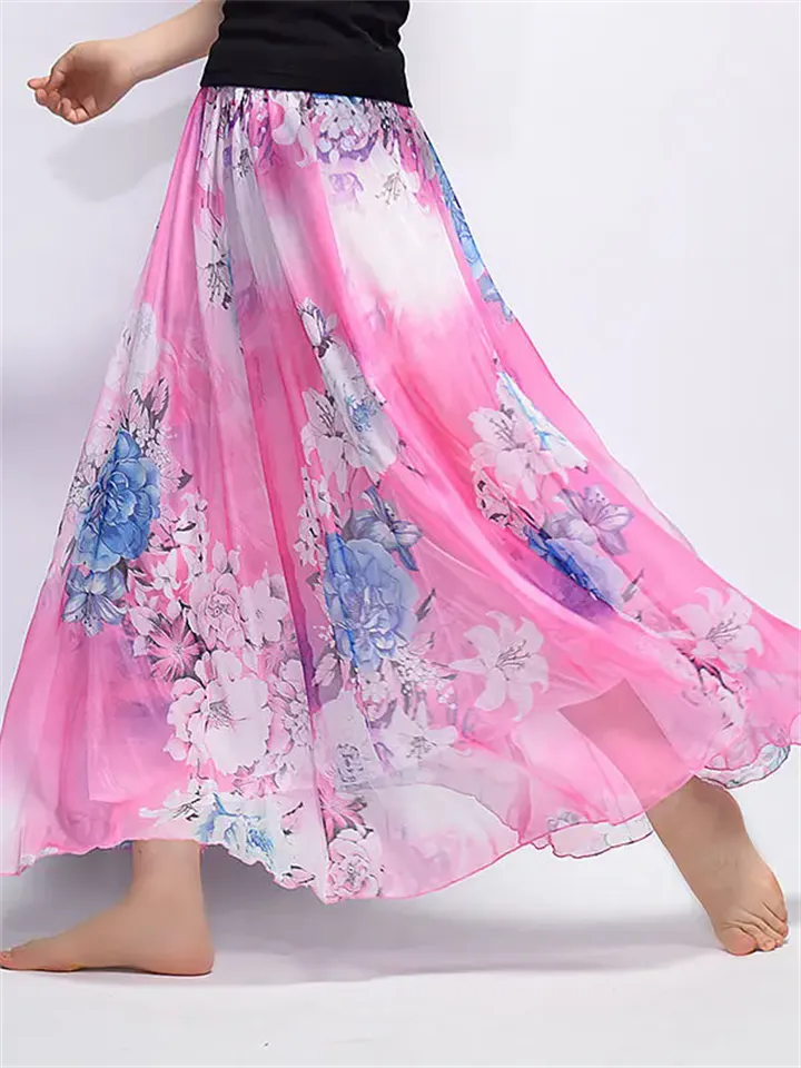 Ladies Flowy Chinese Landscape Floral Print Skirts