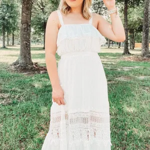Ladies Off White Crochet Sleeveless Flounce Maxi Dress
