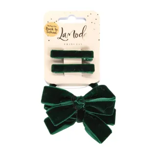 LaModa Princess Velvet Bow Set- Clips and Ponytailers Green 4Pk