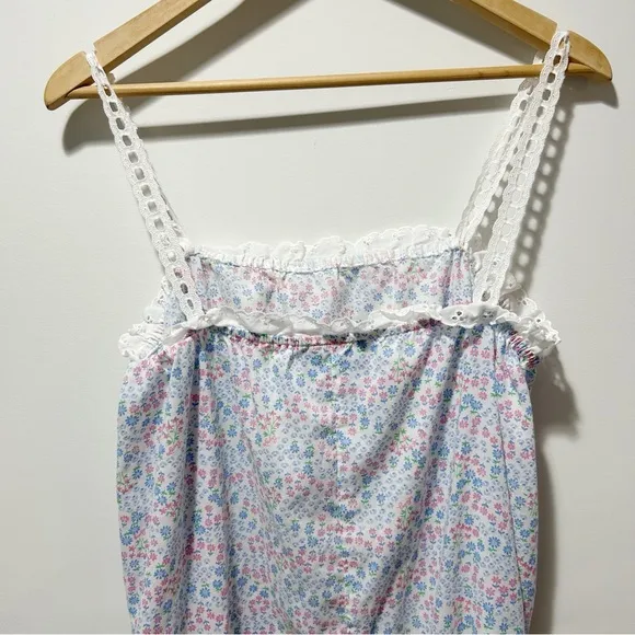 Lanz of Salzburg Tank Nightgown Size Small Floral Eyelet Lace Straps Made in USA