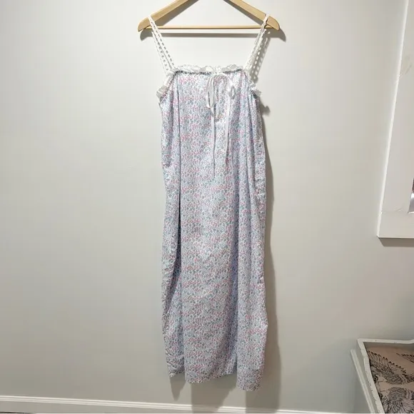 Lanz of Salzburg Tank Nightgown Size Small Floral Eyelet Lace Straps Made in USA