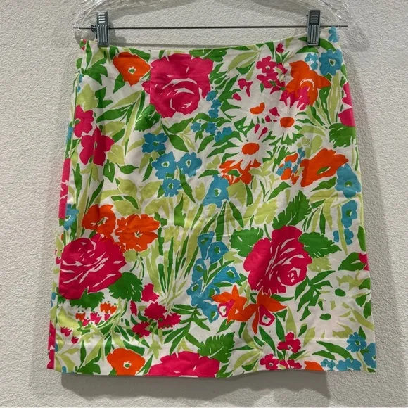 Lauren Ralph Lauren Floral White Cotton Blend Mini A Line Pencil Skirt Size 6