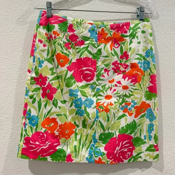 Lauren Ralph Lauren Floral White Cotton Blend Mini A Line Pencil Skirt Size 6