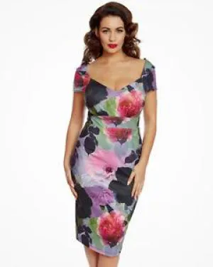 LB Black Rose Print Pencil Dress