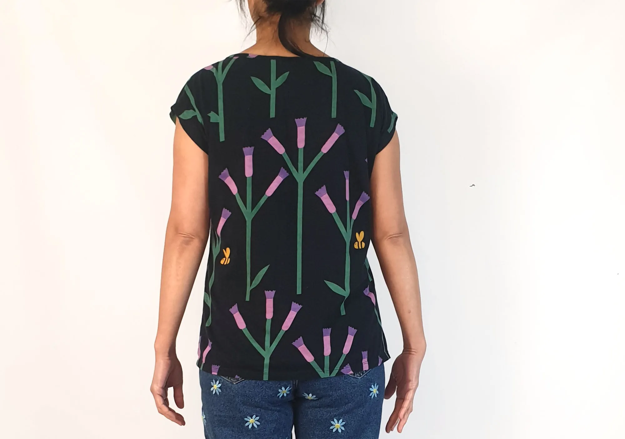 Leonard St black top with purple flower and bee print size 10 (note: some wash wear)