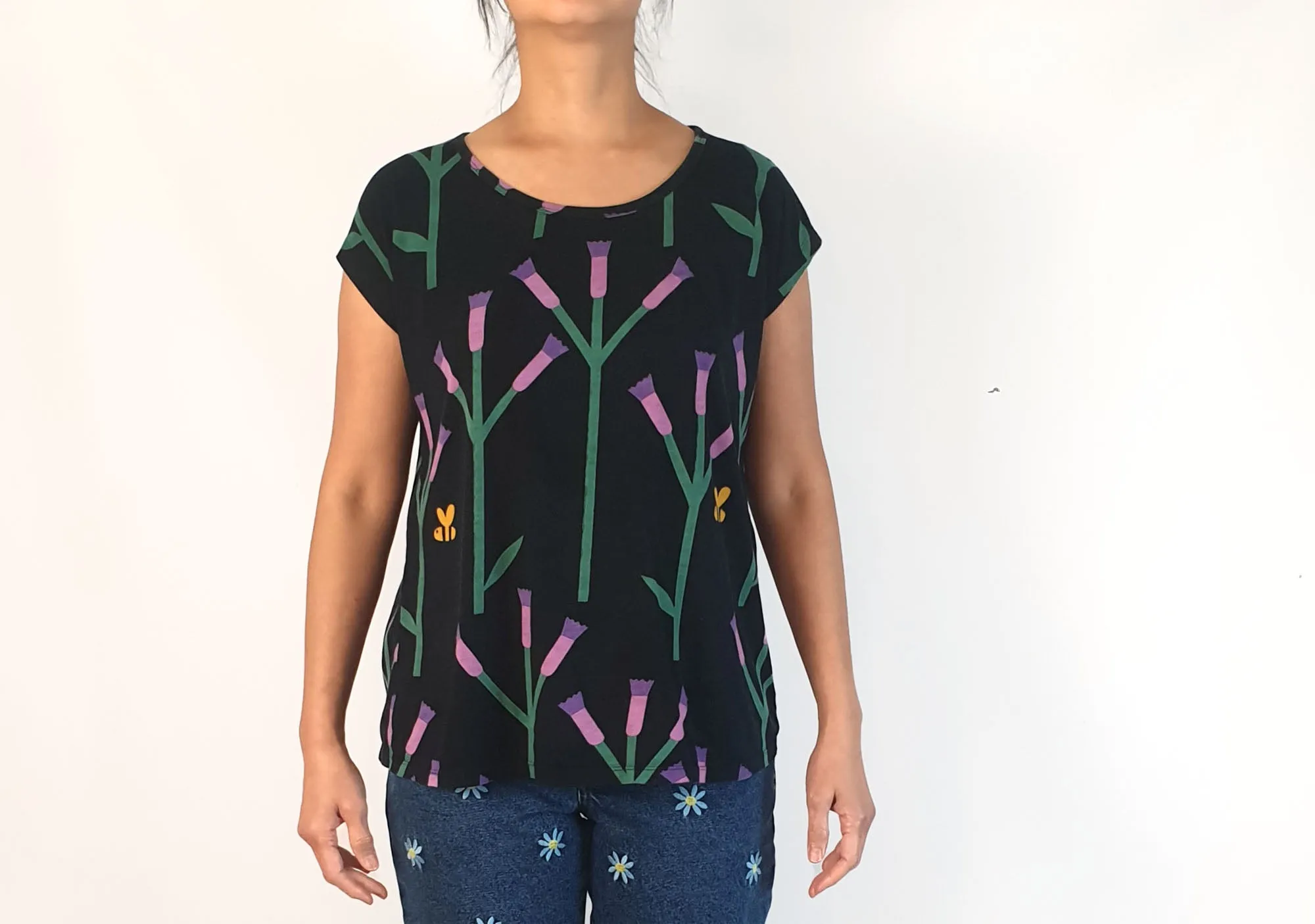 Leonard St black top with purple flower and bee print size 10 (note: some wash wear)