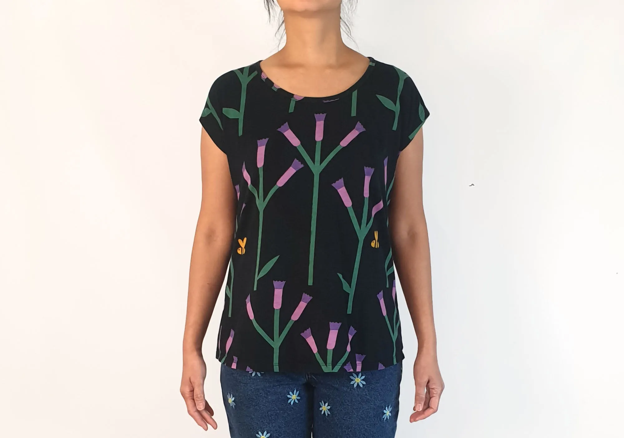 Leonard St black top with purple flower and bee print size 10 (note: some wash wear)