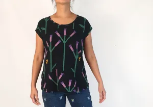 Leonard St black top with purple flower and bee print size 10 (note: some wash wear)