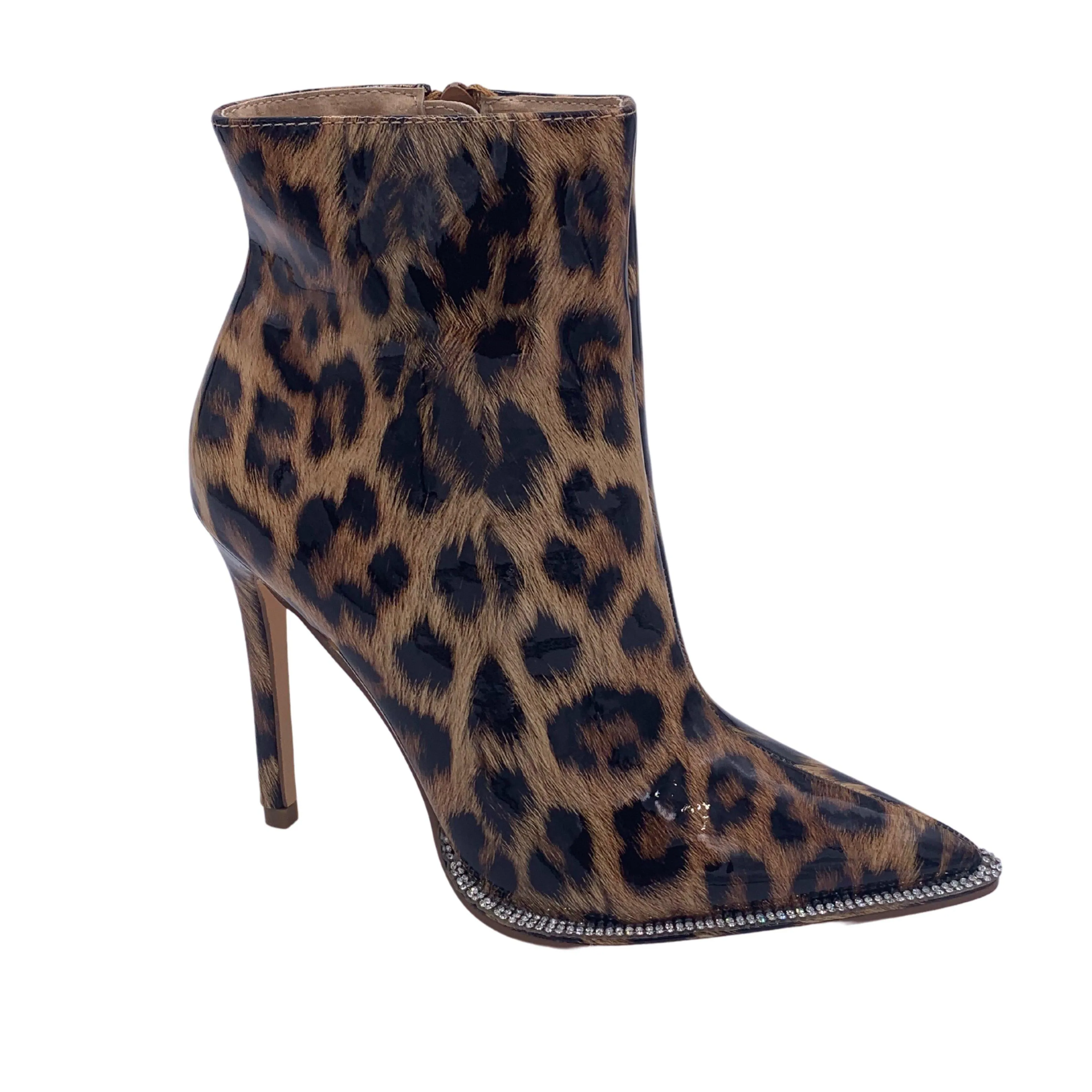 Leopard Patent Rhinestone Embellished Ankle Booties