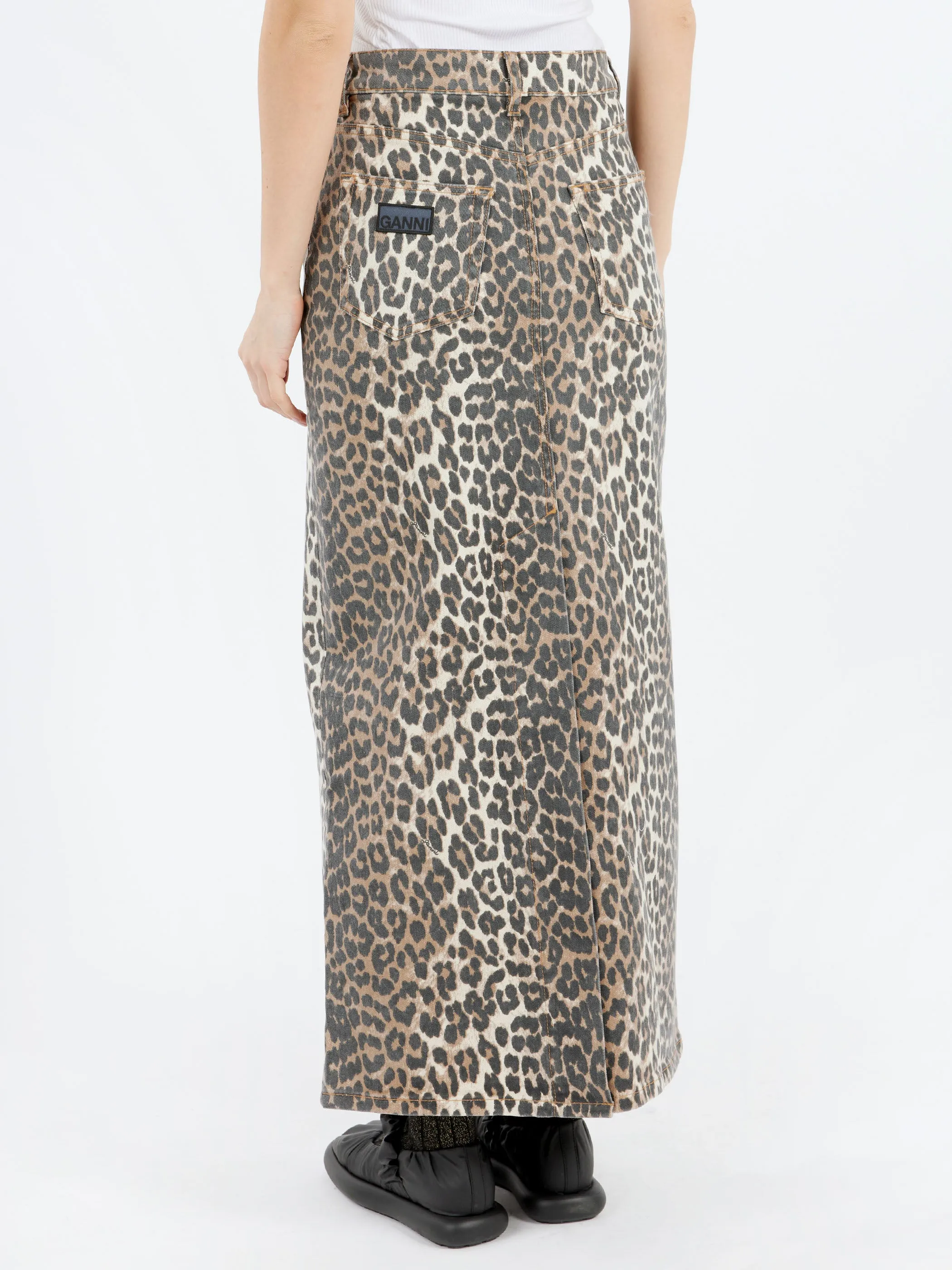Leopard Print Denim Maxi Skirt