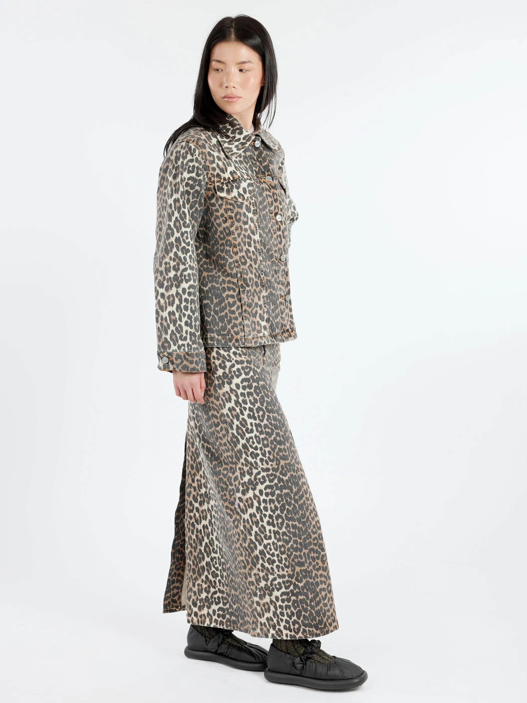 Leopard Print Denim Maxi Skirt