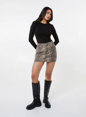 Leopard Print Denim Mini Skirt