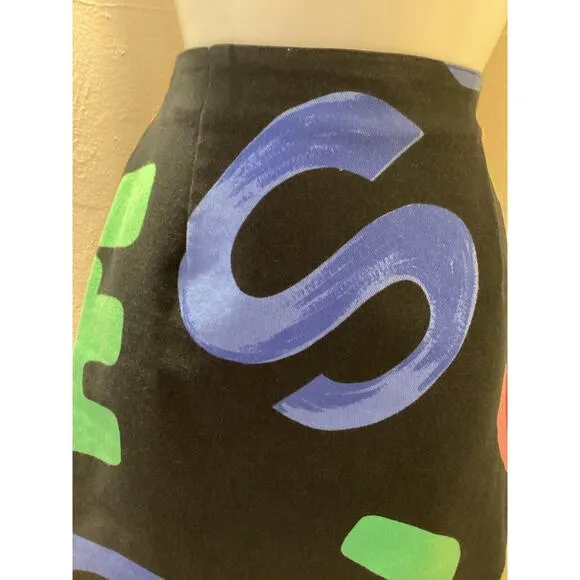 Les Copains Painted Bold Print Stretch Denim 90’s Pencil High Rise Skirt S 30w
