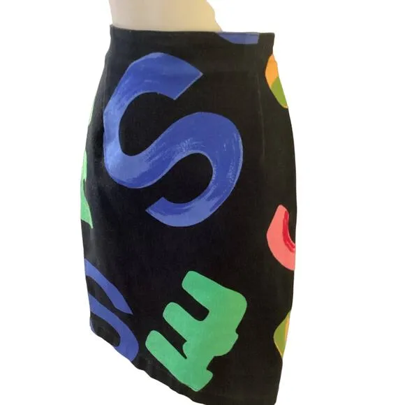 Les Copains Painted Bold Print Stretch Denim 90’s Pencil High Rise Skirt S 30w