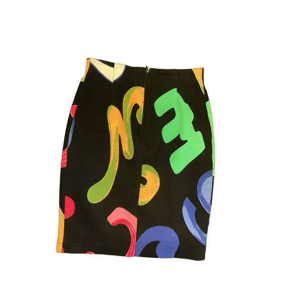 Les Copains Painted Bold Print Stretch Denim 90’s Pencil High Rise Skirt S 30w