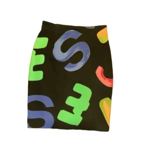Les Copains Painted Bold Print Stretch Denim 90’s Pencil High Rise Skirt S 30w