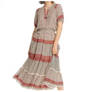 Lini Womens Floral Button V-Neck Peasant Maxi Dress Multi Red Medium