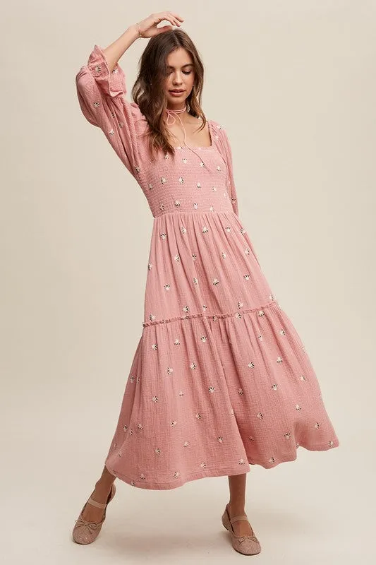 Listicle Ditzy Floral Embroidery Puff Sleeve Maxi Dress