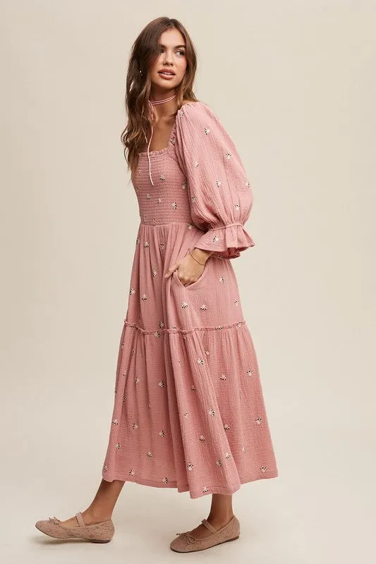 Listicle Ditzy Floral Embroidery Puff Sleeve Maxi Dress