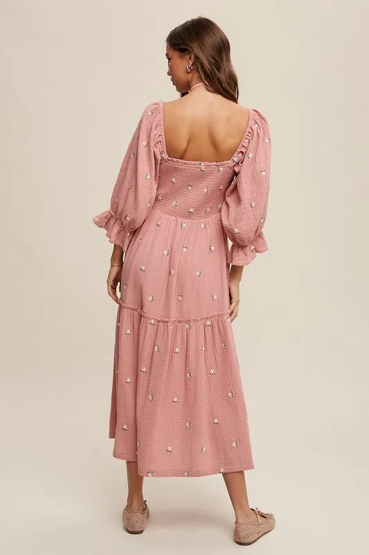 Listicle Ditzy Floral Embroidery Puff Sleeve Maxi Dress