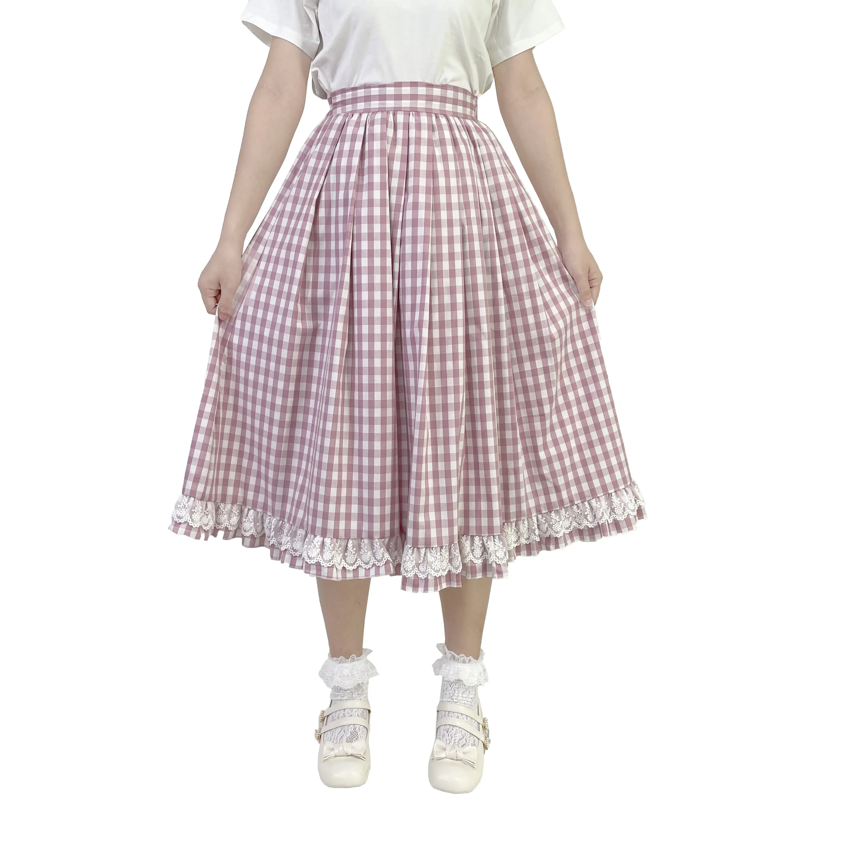 Long Elastic Waist Calf Length Ruffled Hem Pleated All-match Skirt Blue Plaid with Lace Edge