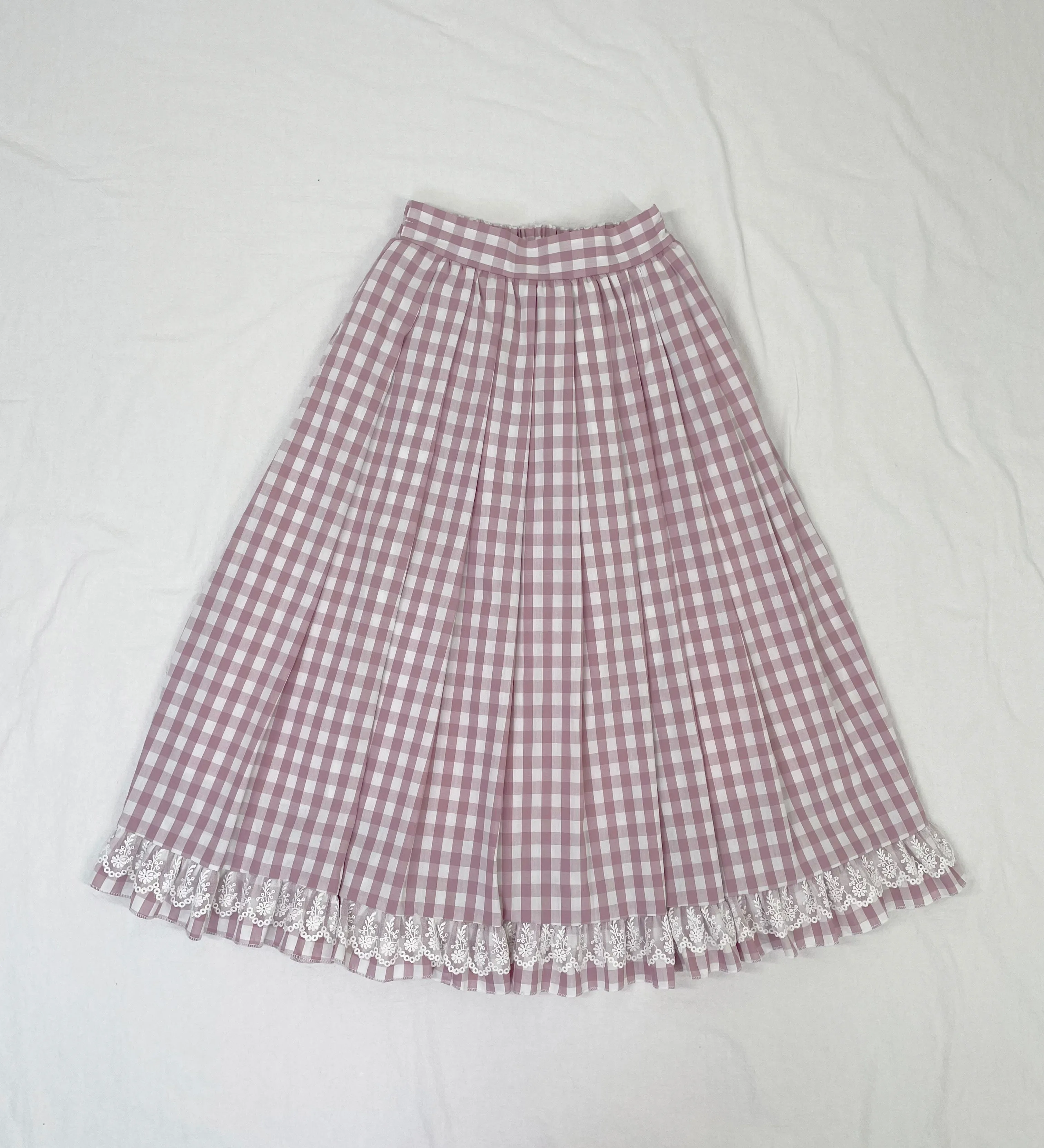 Long Elastic Waist Calf Length Ruffled Hem Pleated All-match Skirt Blue Plaid with Lace Edge