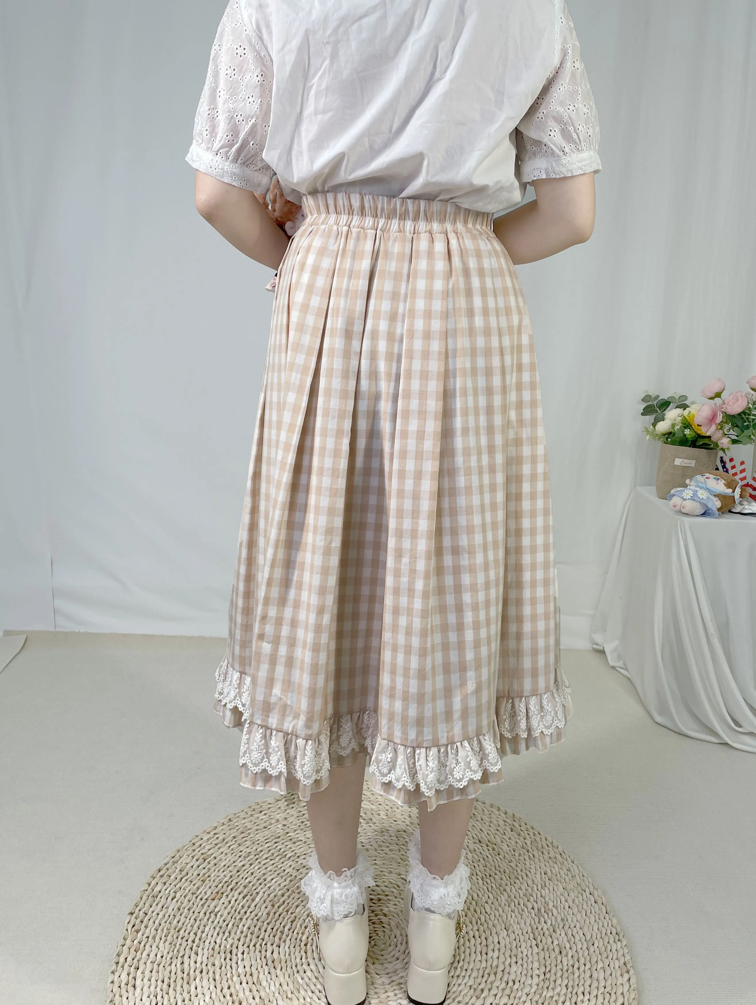 Long Elastic Waist Calf Length Ruffled Hem Pleated All-match Skirt Blue Plaid with Lace Edge