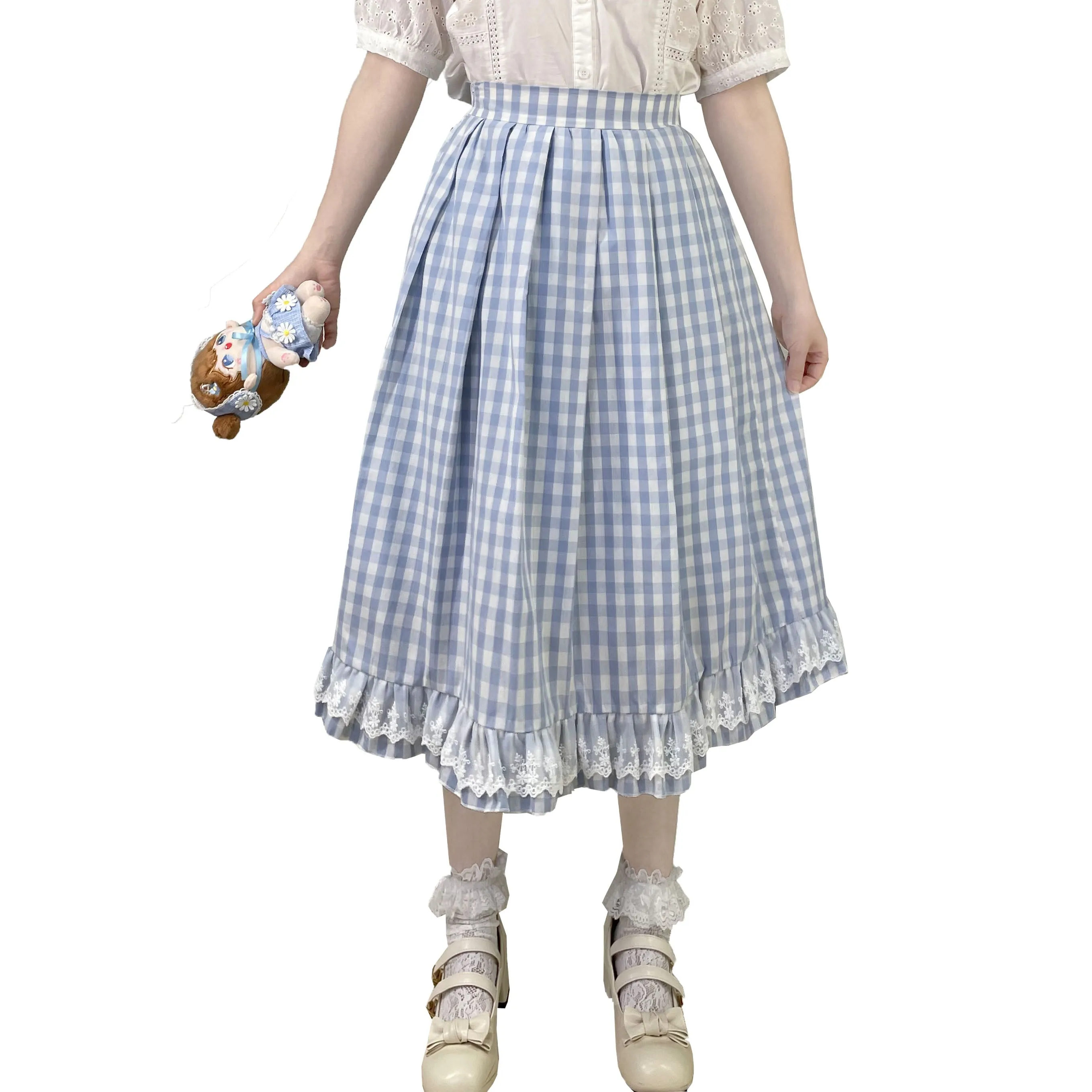 Long Elastic Waist Calf Length Ruffled Hem Pleated All-match Skirt Blue Plaid with Lace Edge