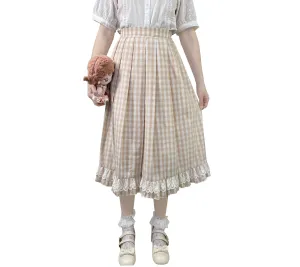 Long Elastic Waist Calf Length Ruffled Hem Pleated All-match Skirt Blue Plaid with Lace Edge