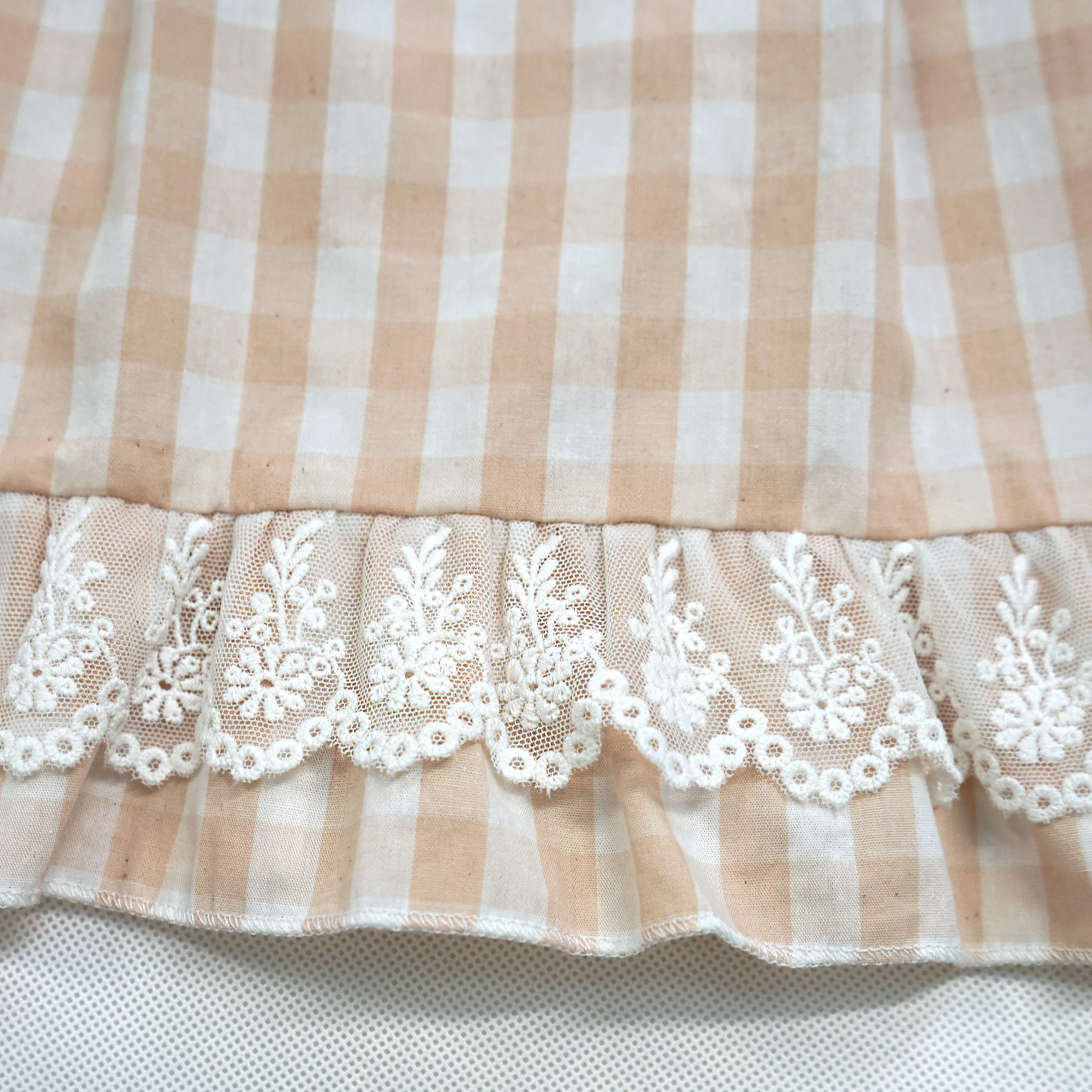 Long Elastic Waist Calf Length Ruffled Hem Pleated All-match Skirt Blue Plaid with Lace Edge