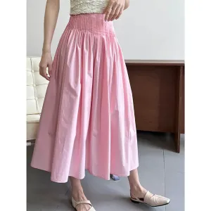 Long Skirt Korean Fashion Elegant Ladies Elastic High Waist A-Line Midi Pleated Skirt White Black Pink Gonna