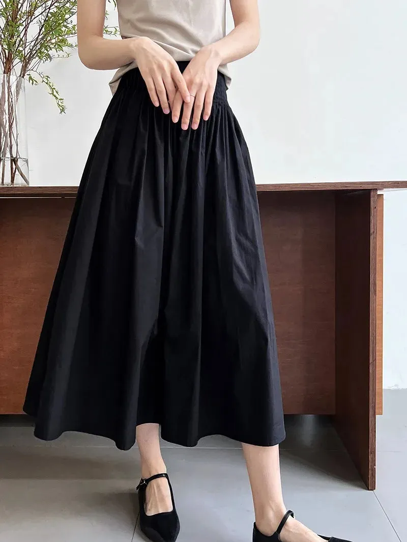 Long Skirt Korean Fashion Elegant Ladies Elastic High Waist A-Line Midi Pleated Skirt White Black Pink Gonna