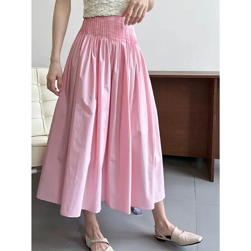 Long Skirt Korean Fashion Elegant Ladies Elastic High Waist A-Line Midi Pleated Skirt White Black Pink Gonna