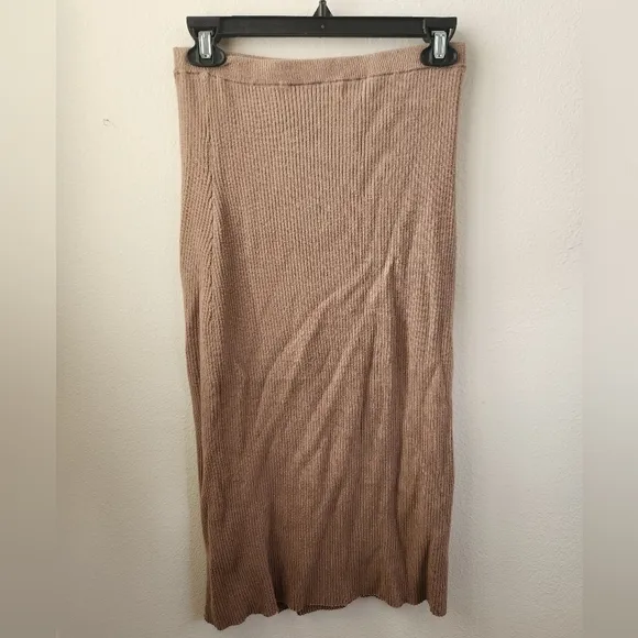 LPA Ribbed Knit Midi Skirt In Nutmeg Fitted Stretch Pencil High Slit Size Small