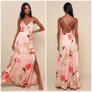 Lulu's Still the One Blush Pink Floral Print Satin Maxi Dress