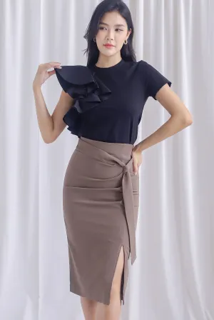 Luna Ruched Slit Pencil Skirt In Mocha
