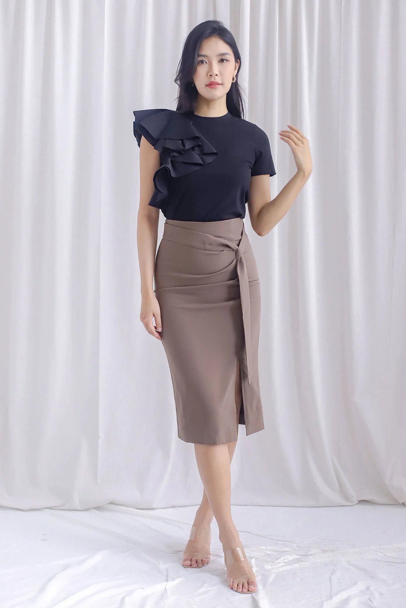 Luna Ruched Slit Pencil Skirt In Mocha