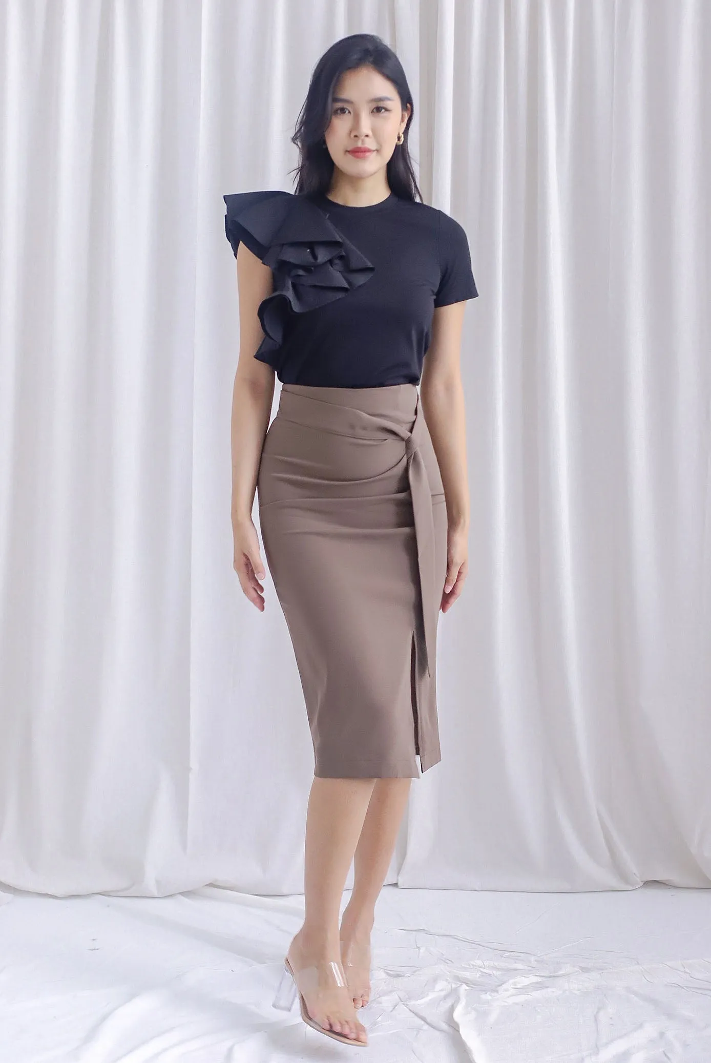 Luna Ruched Slit Pencil Skirt In Mocha