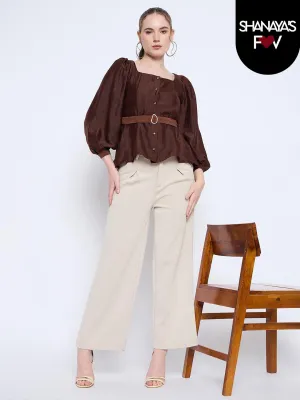 Madame Brown Rayon Blend Square Neck Belted Button Front Top