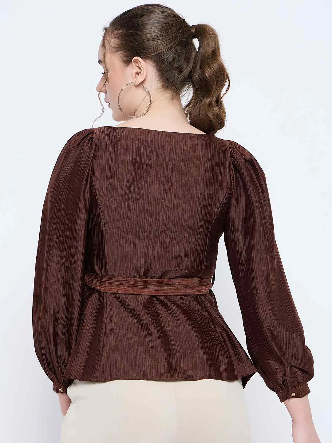 Madame Brown Rayon Blend Square Neck Belted Button Front Top