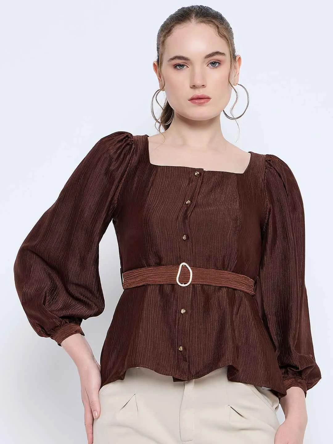 Madame Brown Rayon Blend Square Neck Belted Button Front Top
