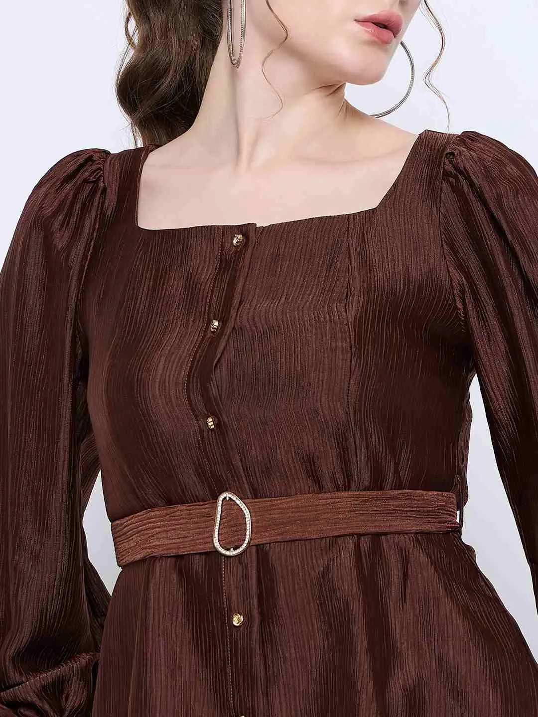 Madame Brown Rayon Blend Square Neck Belted Button Front Top